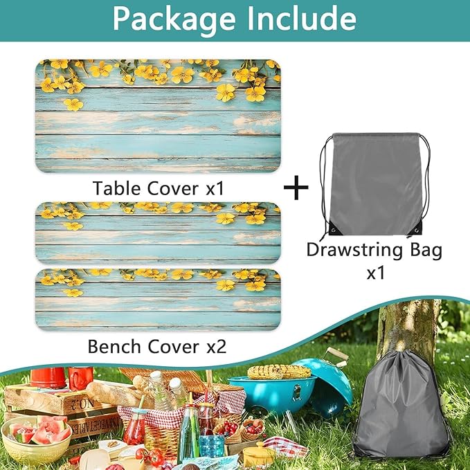 Flowers Picnic Table Cover with Bench Covers, Wooden Vintage Farmhouse RV Camping Tablecloth Fitted Picnic Table Covers, Country Rectangle Tables Family Garden Outdoor Party Decorations, 30X72in