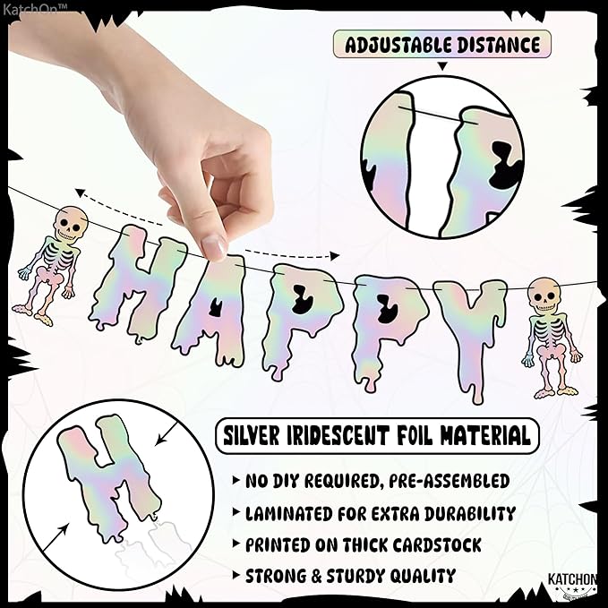 KatchOn, Iridescent Silver Halloween Happy Birthday Banner Decorations - 10 Feet, No DIY | Spooky Birthday Decorations | Halloween Decorations Indoor | Spooky Happy Birthday Banner