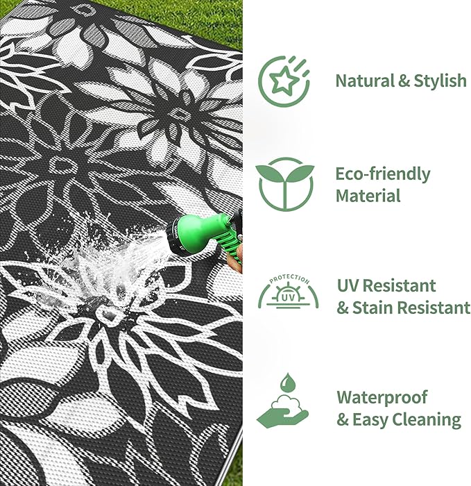 GENIMO Outdoor Rug Waterproof for Patio Decor, 9' x 12' Reversible Plastic Straw Floral Camping Carpet, Large Area Rugs Mats for RV, Camper, Deck, Balcony, Porch, Beach, Picnic, Black & White