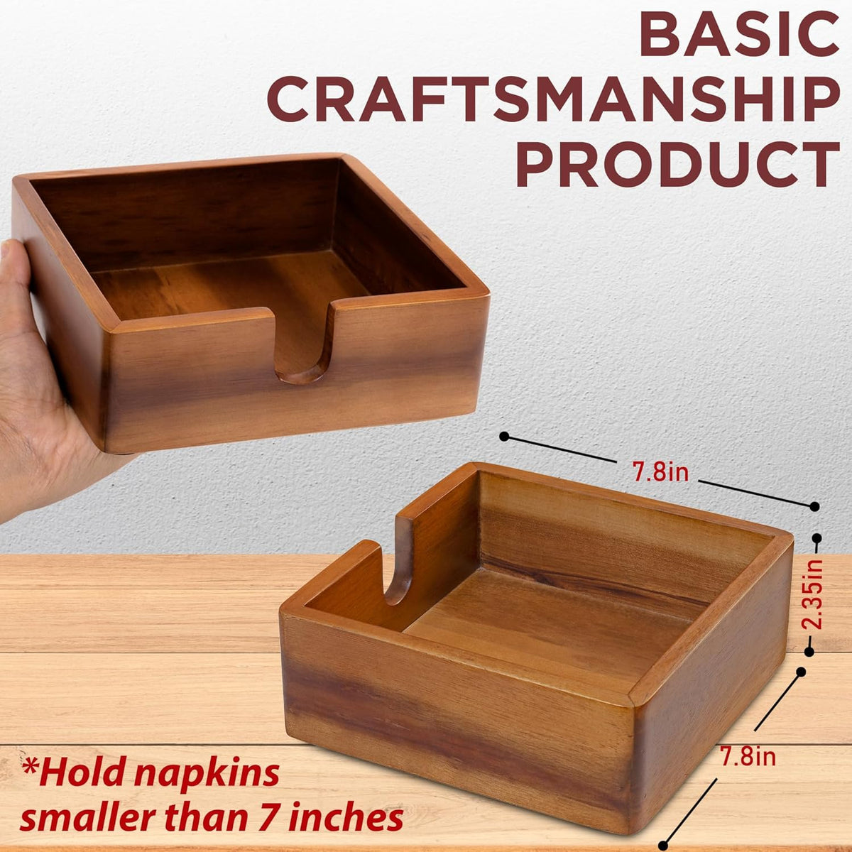 Acacia Lunch Napkin Holder 7.8 x 7.8 inches for Dining Table and Kitchen – Napkin Dispenser Made from Brown Acacia Wood