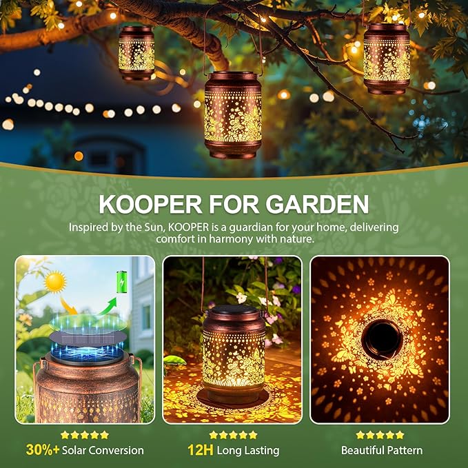 KOOPER 2 Pack Solar Lanterns Outdoor Waterproof Mothers Day Gifts for Women Mom Grandma, Metal Butterfly and Rose Hanging Solar Lantern Outdoor, 2 Modes Outdoor Decoration for Yard, Patio, Garden