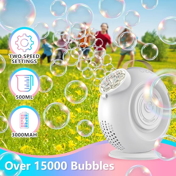 Bubble Machine, Automatic Bubbles Blower for Kids Toddlers - 15000+ Bubbles Per Min, 90°/360° Auto Rotation & LED Light, Rechargeable Bubble Maker for Birthday Parties Wedding Outdoor Activities Gifts