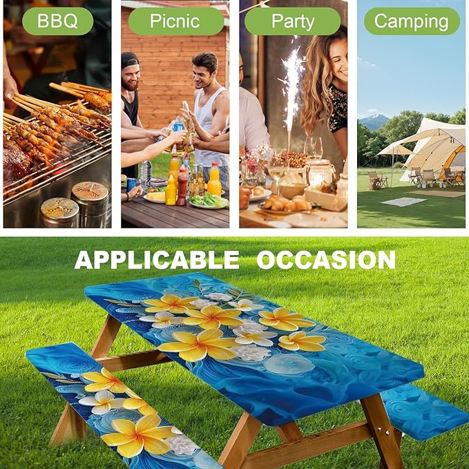 ANNA QUEEN 6FT Yellow Flowers Spring Picnic Table Cover with Bench Covers Picnic Table Cover Set 3PCS 72"x30", Outdoor Bench and Tablecloth Furniture Protection