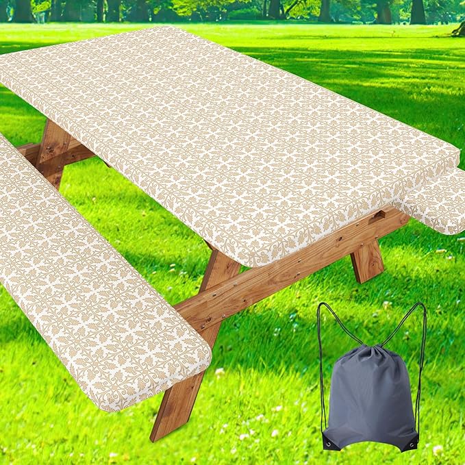 misaya Picnic Table Cover with Bench Cover, Waterproof Elastic Fitted Tablecloth for 6 Foot Tables, Rectangle Washable Polyester Tablecloths for Picnic, Camping, Outdoor (Khaki, 30" x 72")