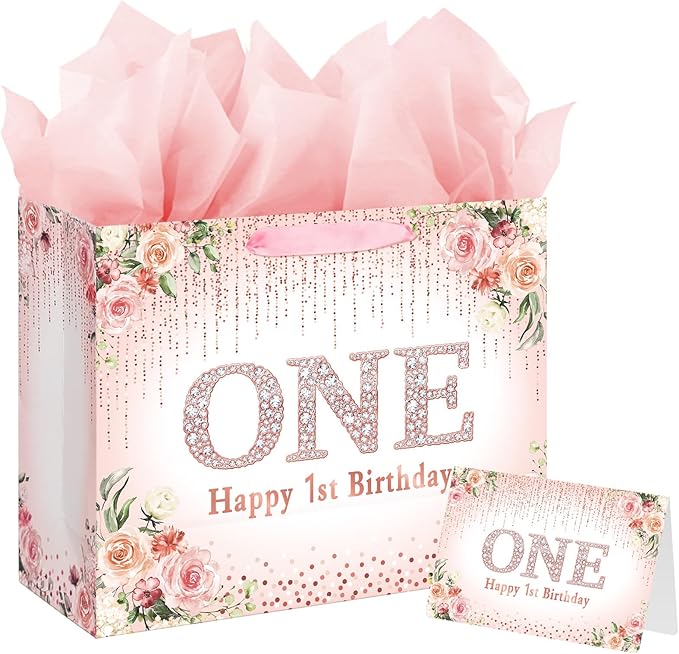 Laidans Rose Gold One Year Old Happy Birthday Gift Bag with Tissue Paper and Card for Bday Party Supplies (Rose Gold) (1st)