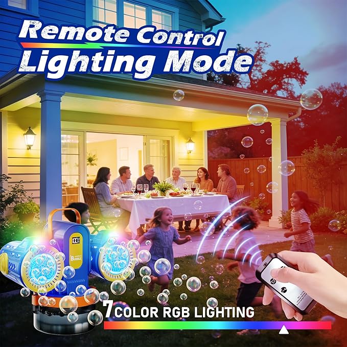 Belemar Dual-Engine Bubble Machine for Kids with RGB Lights & Remote Control, 150° Auto Rotation, Battery Status Display, Type-C Rechargeable,700mL Tank for Parties, Weddings, Outdoor Events
