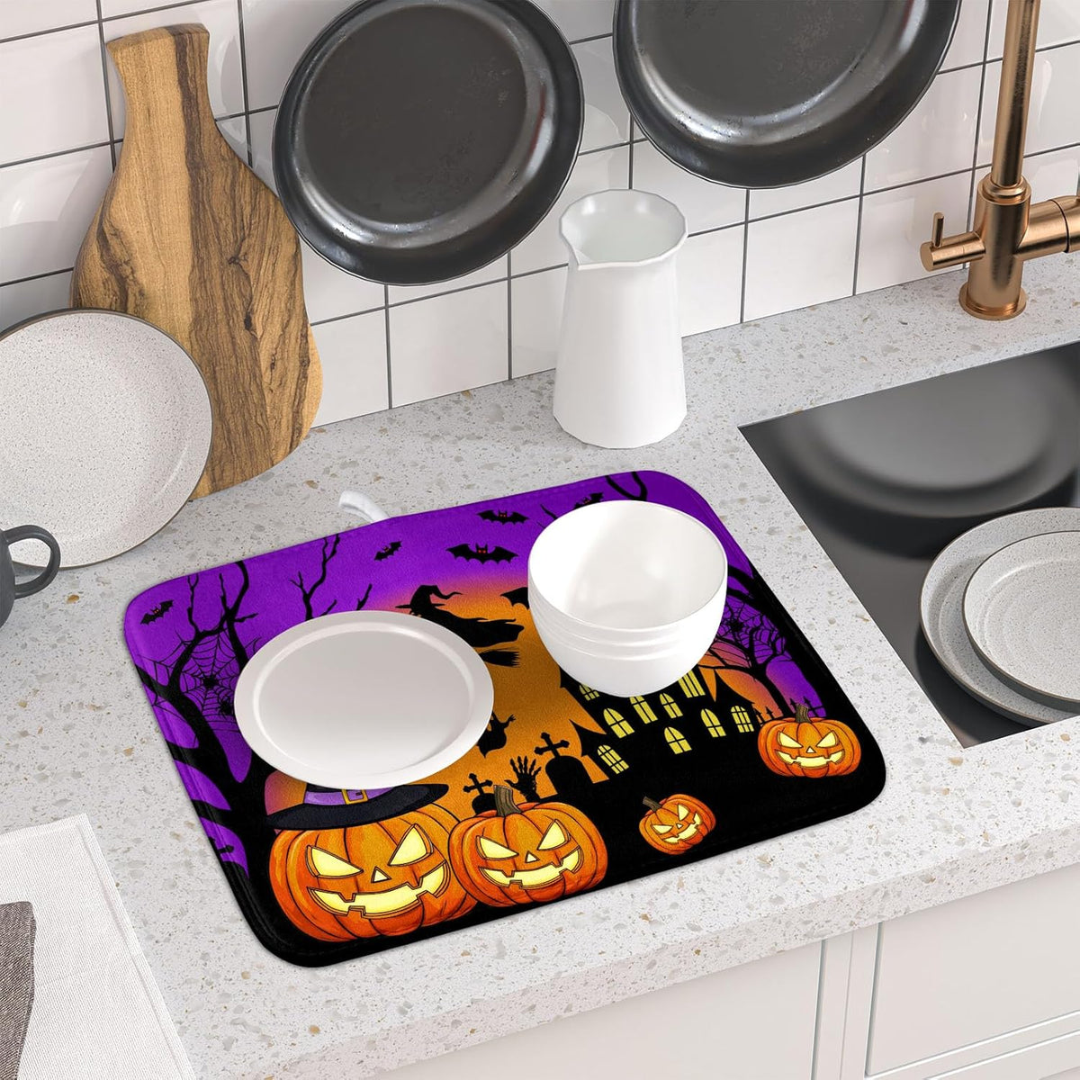 Happy Halloween Pumpkin Dish Drying Mat for Kitchen Counter,Witch Ghost Castle Bat Purple Drying Mat 16 x 18 Inch with High Absorbent Microfiber