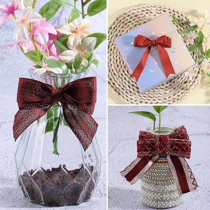 BEEFLYING 3 Styles 9 Yard Dark Red Wire Edged Ribbons Wrapping Decoration 25~28mm×2.7m Organza Ribbon Satin Ribbon for Wedding Party Deco Hair Bows Flower Designs Sewing and Craft