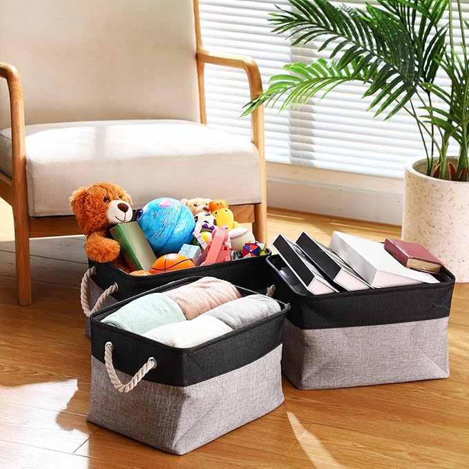 meekoo 8 Pack Collapsible Storage Bins Fabric Storage Bins Polyester Fabric Baskets with Handles Linen Closet Organizer for Shelf Home Closet Towels Toys(15 x 11 x 9.5 in,Black Gray)
