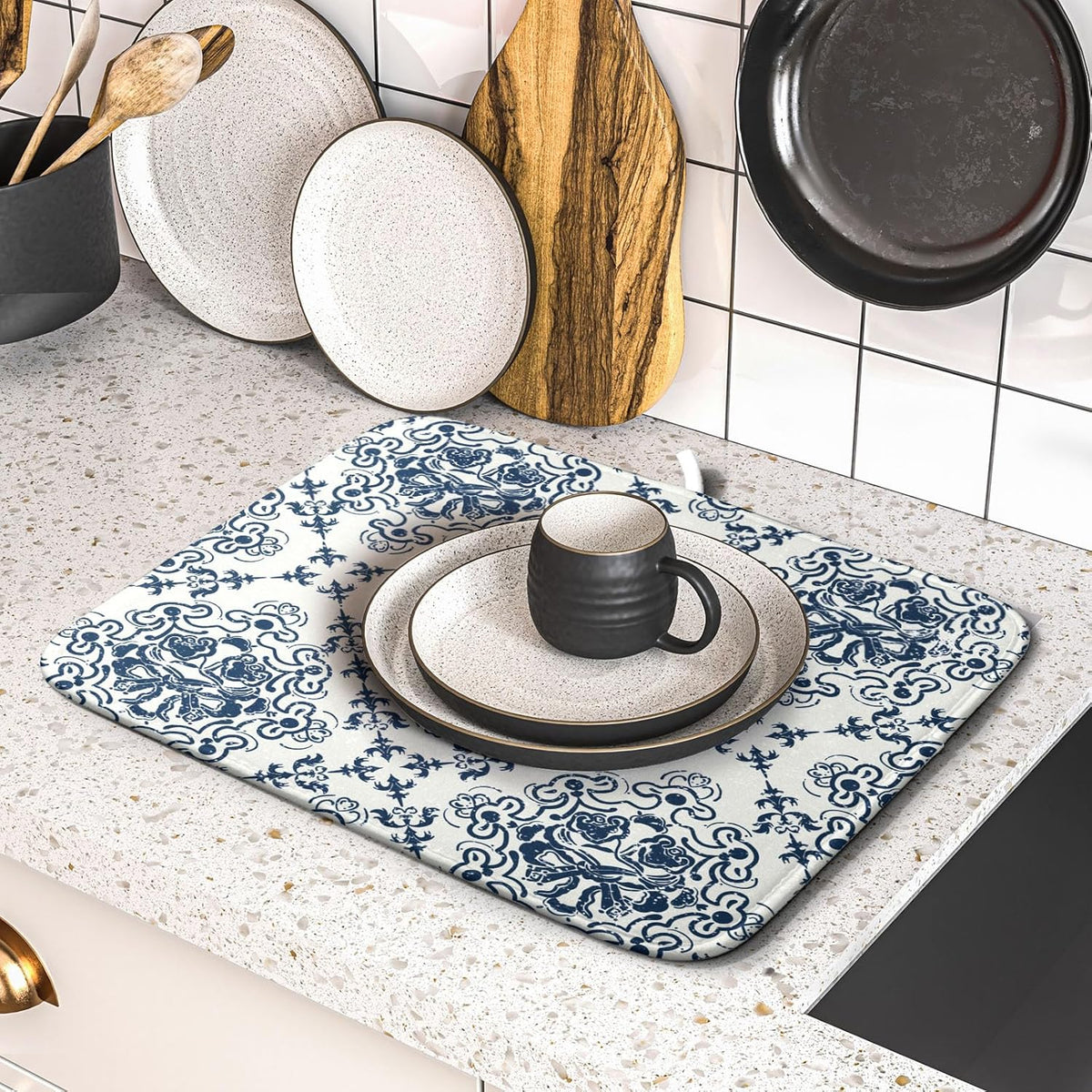 Bohemian Grey Retro Dish Drying Mat for Kitchen Counter,Boho Abstract Flower Art Drying Mat 16 x 18 Inch Microfiber Dish Drying Pad Dish Rack Pad