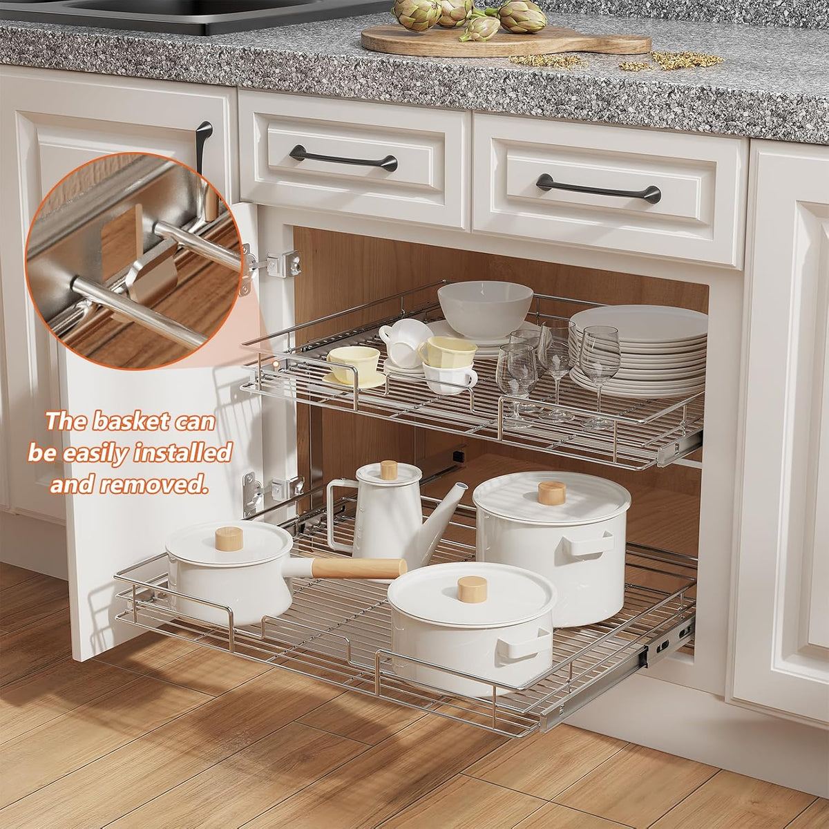ROOMTEC Individual Pull Out Cabinet Organizer (25½"W x 21½"D), 2 Tier Spice Rack Organizer for Cabinet, Slide Out Drawer Pantry Shelf Organization and Storage for Kitchen Bathroom