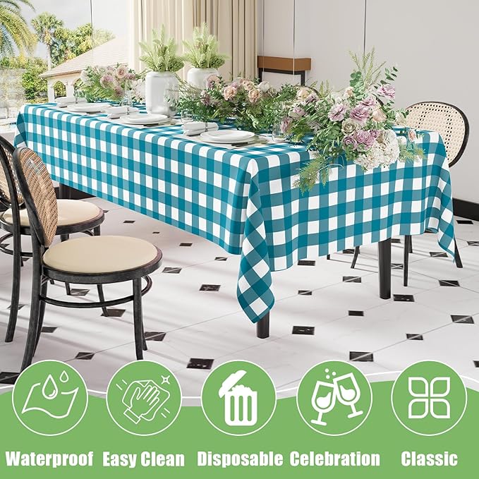 Smiry 3 Pack Turquoise Gingham Disposable Tablecloths - 54" x 108" Heavy Duty Plastic Table Cloth, Waterproof Buffalo Plaid Table Covers for Picnic, Banquets, Outdoor Parties