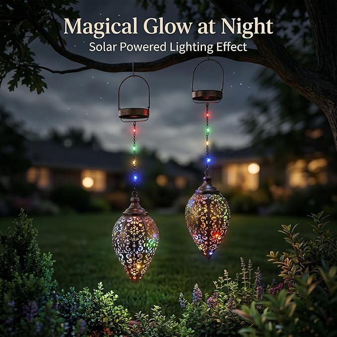 2 Pack Hanging Solar Lanterns, Colorful LED Outdoor Lights, Retro Metal Waterproof Lanterns for Garden Patio Yard Decor