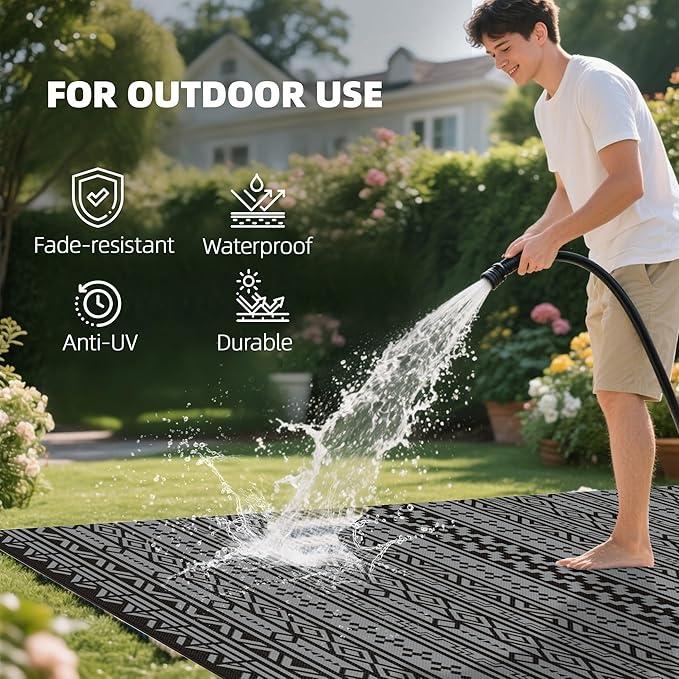 Outsunny Outdoor Rug for Patio, 9' x 18' Waterproof Large Mat, Reversible Plastic Straw Rug for Decor, Portable Outside RV Camping Area Carpet Mat for Backyard Porch Deck Picnic, Black Gray Geometric
