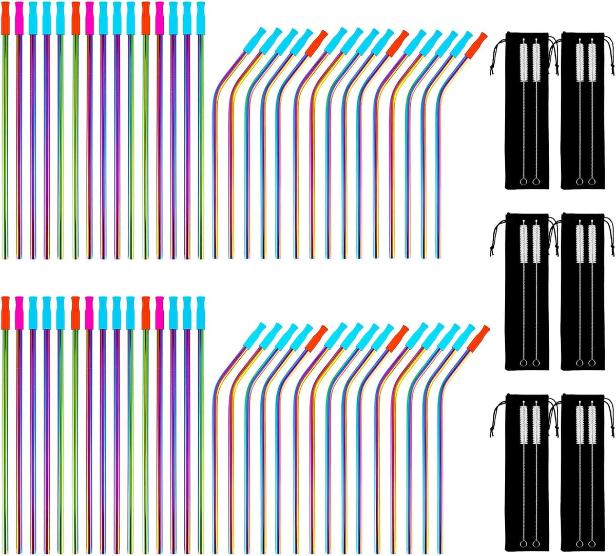 60 Pcs Color Reusable Metal Straws, Stainless Steel Drinking Straws with 60 Silicone Tip, 6 Travel Case and 12 Cleaning Brush