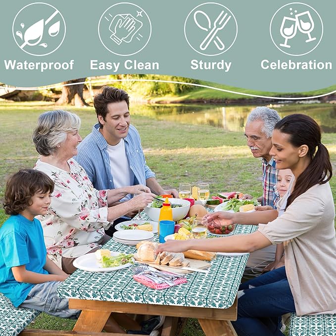 misaya Picnic Table Cover with Bench Cover, Waterproof Elastic Fitted Tablecloth for 5 Foot Tables, Rectangle Washable Polyester Tablecloths for Picnic, Camping, Outdoor (Turquoise, 30" x 60")