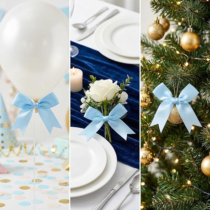 Blue Gift Wrap Bows - 100 Pcs 3.3 Inch Elegant Satin Bows for Baby Boy Shower, Easter Decorations, Spring Parties, Nautical Theme, Gift Wrapping, Wedding Decor, Birthday, Crafts