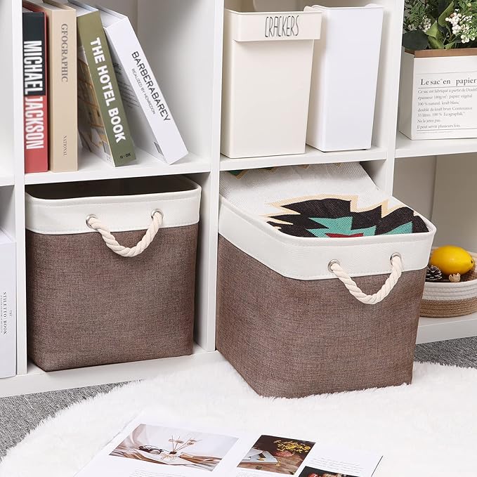 Bidtakay Large Storage Baskets with Handles for Organizing 16" x 11.8" x 11.8" Rustic Shelf Baskets [2-Pack] Foldable Clothes Baskets Fabric Collapsible Bins for Closet (White&Earthy Brown)