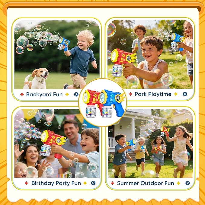 Bubble Gun for Kids with Lights, Automatic Bubble Blower Toy, Leak-Resistant Bubble Bottle, Bubble Guns for Kids Ages 3+, Fun Outdoor Bubble Guns for Parties, Backyard, Birthday Gifts, 2pcs Red+Blue
