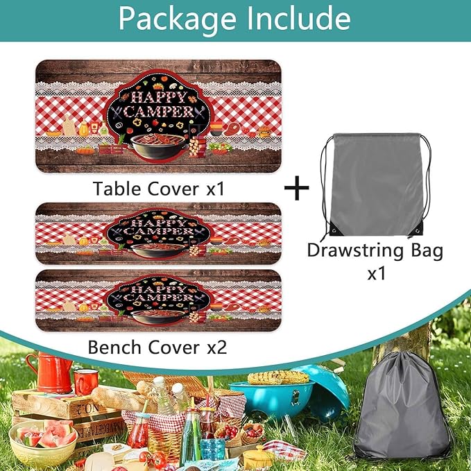 Happy Camper Picnic Table Cover with Bench Covers Elastic Edges, Wooden Red Plaid Fitted Table Cover, Outdoor Patio Camping Essentials 72 Inch 3PCS, Waterproof Fitted Tablecloth with Drawstring Bag