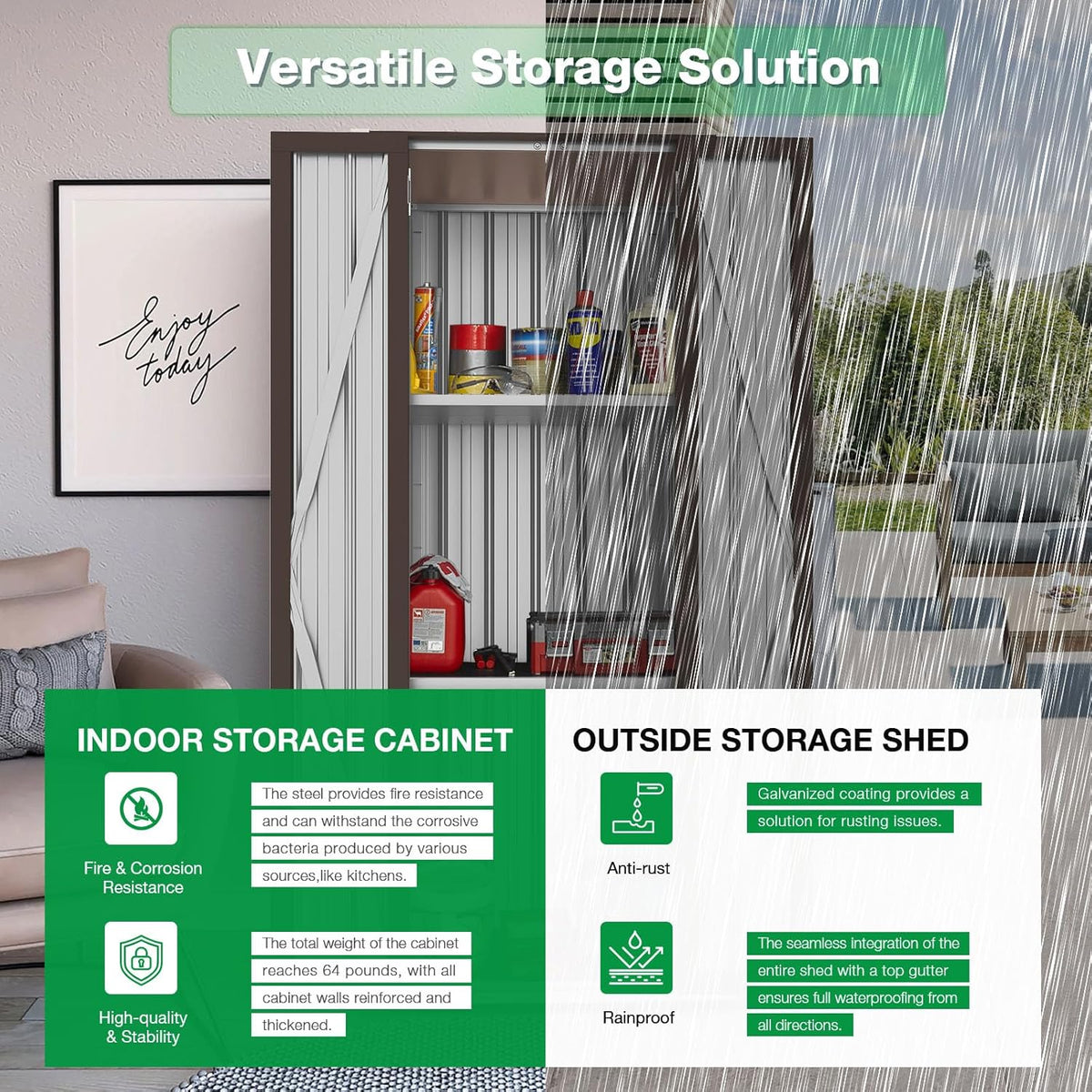 AECOJOY Outdoor Storage Cabinet Waterproof with Shelves, Vertical Tall Garden Outdoor Cabinet, Sheds & Outdoor Storage Clearance Cabinet Weatherproof for Outside in Brown