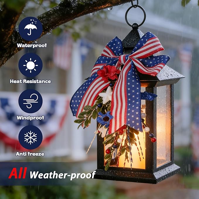 4th of July Lanterns Decorative Indoor, Black Lantern Decor with Timer Flameless Candle, Vintage Hanging Patriotic Lanterns, Independence Day Decorations for Home, Table, Porch, Patio, 1 Pack