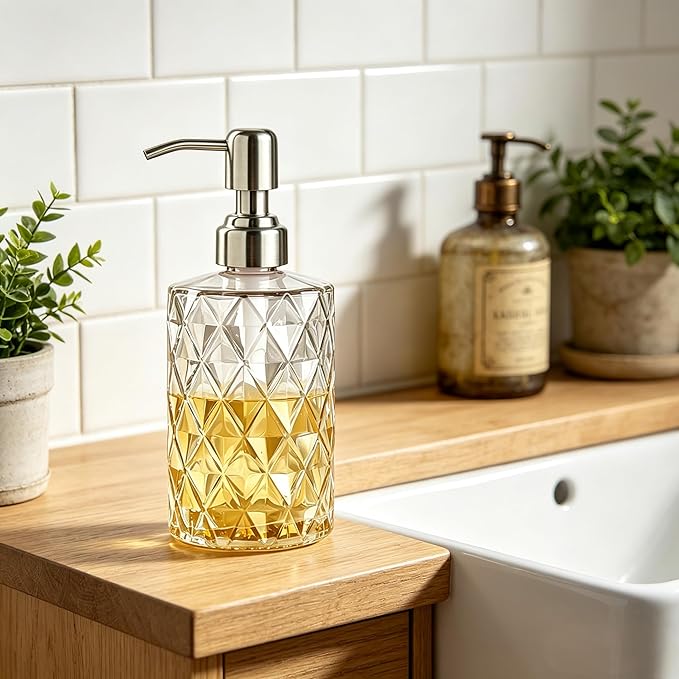 Easy Tang Glass Hand Dish Soap Dispenser for Bathroom Kitchen 12 Oz Crystal Design with Silver Pump Refillable Liquid Soap Dispenser (Clear)