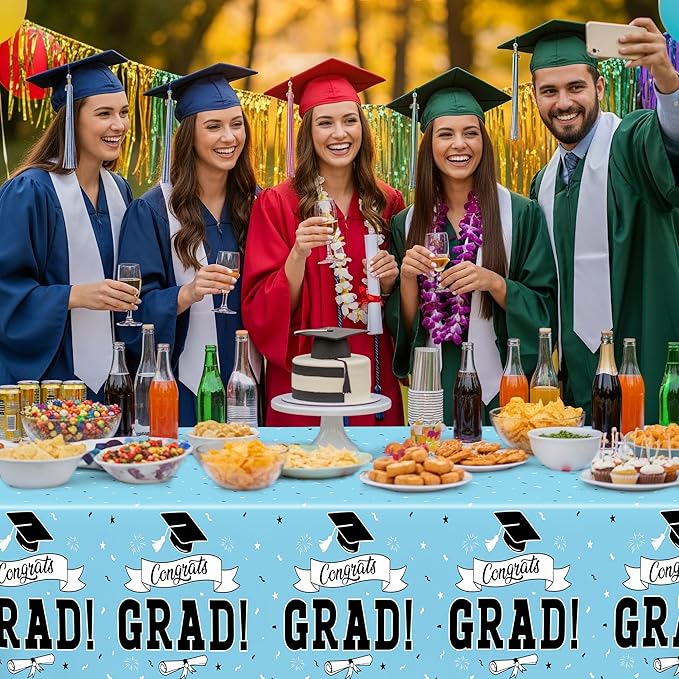 2Pcs Graduation Tablecloth, 108" X 54" Skyblue Graduation Table Decor 2026, Rectangle Tablecloth for Class 2026 Congrats Grad, Disposable Plastic Tablecover for Grad Decor Party Supplies for Kids
