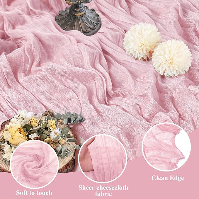Asee'm 2pcs Cheesecloth Table Runner 120 Inches Blushing Pink Boho Gauze Cheese Cloth Runner 10FT Rustic Sheer Table Runners for Easter Spring Wedding Baby Shower Holiday Party Decoration