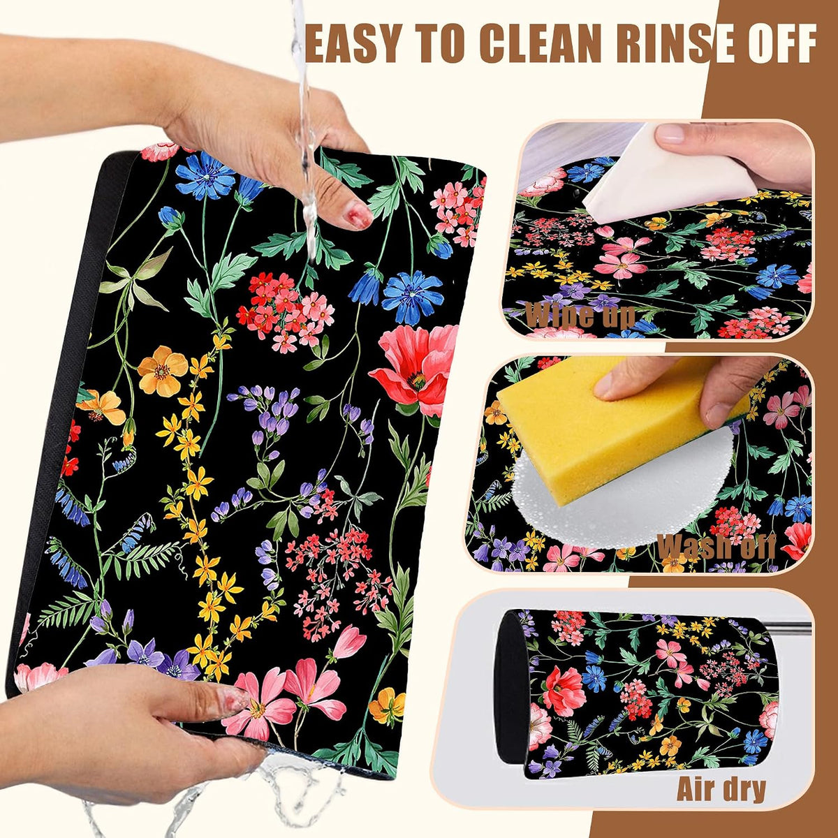 Beautiful Flowers Dish Drying Mat for Kitchen Counter Coffee Bar Mat Hide Stain Absorbent Rubber Backed Coffee Mat Coffee Maker Espresso Machine Coffee Bar Accessories 11.8 x 19.7 Inch