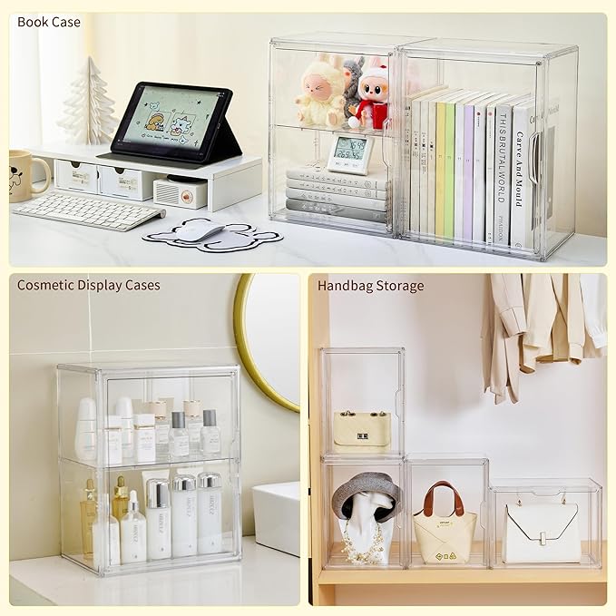 Acrylic Display Case, 2 Tier Clear Plastic Stackable Storage Bins with Magnetic Lids, Figure Display Case for Collectibles Cosmetic Acrylic Box, 2 Pack LXLXXL