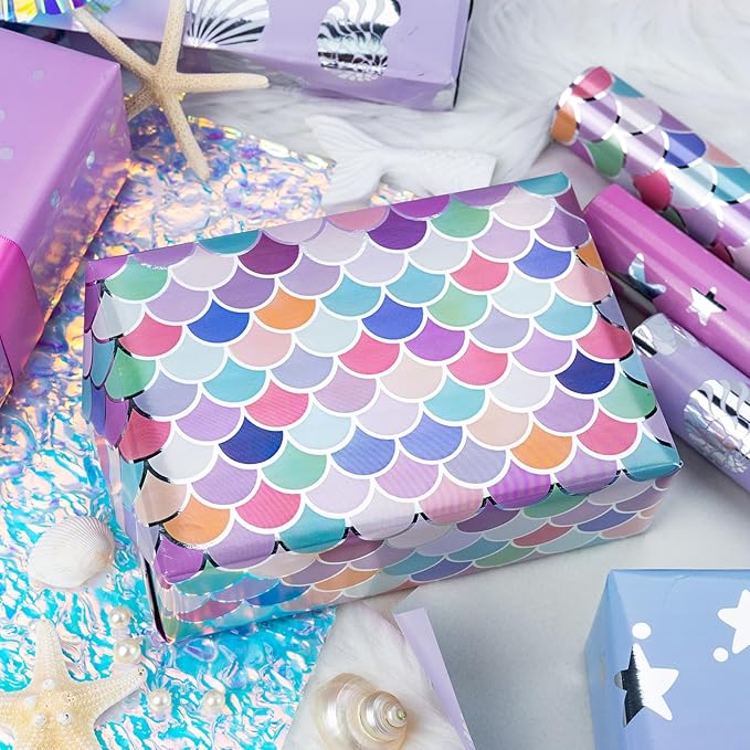MAYPLUSS Purple Mermaid Wrapping Paper, Birthday Girl Wrapping Paper, Metallic Foil Mermaid Scale Scallop Pattern Ocean Gift Wrap for Girls,Kids, Baby Shower (Mini Roll, 17 Inch x 120 Inch Per Roll)