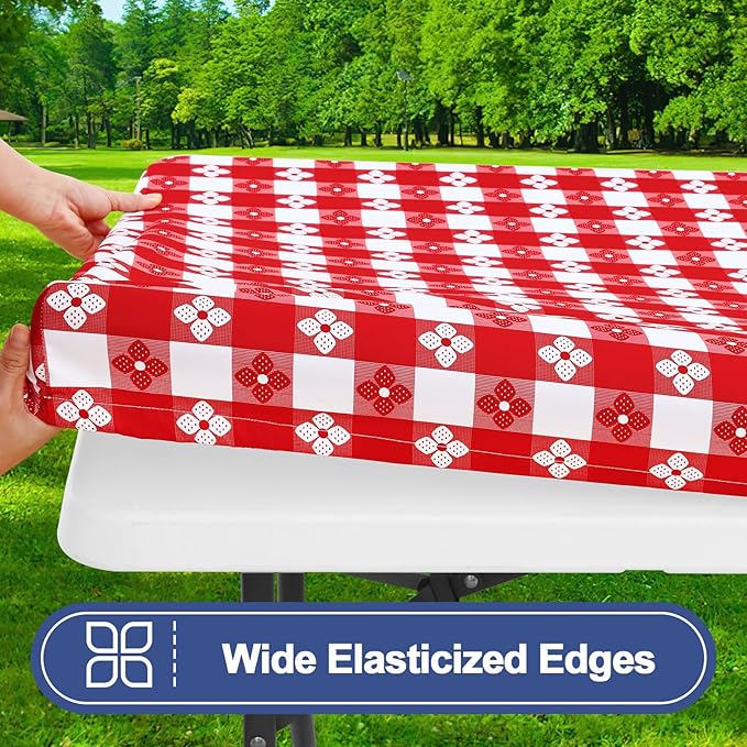 Smiry Picnic Table Cover with Bench Covers, Waterproof Elastic Fitted Tablecloth for 8 Foot Tables, Washable Polyester Tablecloths for Camping, Indoor & Outdoor (Red & White, 30x96 Inch 3-pc Set)