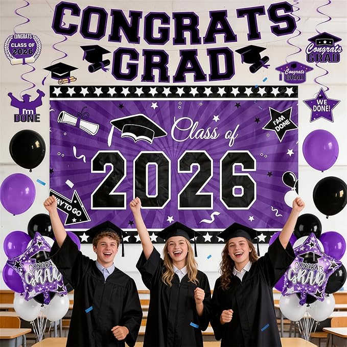 Graduation Decorations 2026, Purple Black Graduation Party Decorations Set with Class of 2026 Backdrop Congrats Grad Banner 18inch Foil Grad Star Balloons Hanging Streamers Kit for High School College