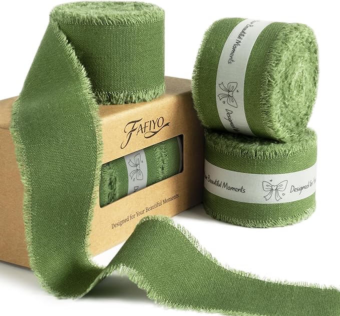 Moss Green Cotton Ribbon 1-1/2 Inch Moss Green 3 Rolls 21 Yards Frayed Edge Fabric Set for Rustic Wedding Decor, Bridal Bouquet Wrap, Woodland Theme Party, Baby Shower & Wreath Making
