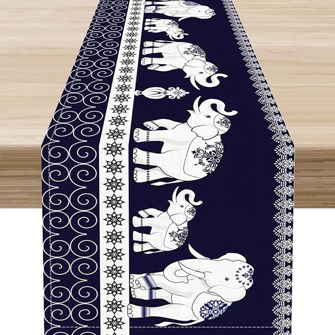 Boho Elephant Table Runner, Rustic African Tribal Traditional Diwali India Ethnic Folk Rustic Blue Coffee Table Center Decor for Home Kitchen Dining Holiday Party Outdoor Table Decorations, 13"x72"