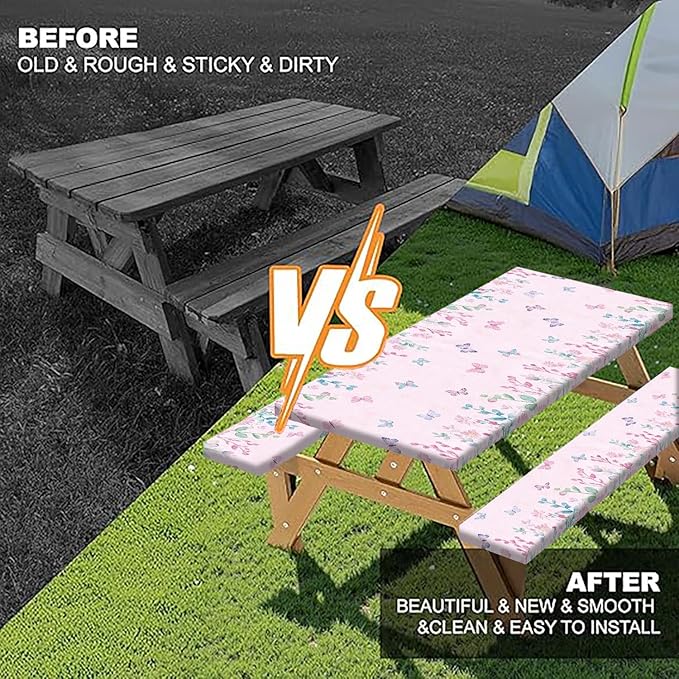 Butterfly Picnic Table Cover with Bench Covers, Camping Essentials, Flower Leaf Plant Waterproof Windproof Table Cover, Fitted Tablecloth Cover with Elastic Edge, for Indoor & Outdoor 3 PCS 30x96 Inch
