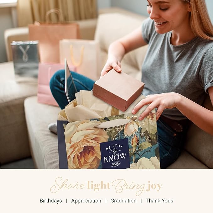 Christian Art Gifts Large Landscape Inspirational Scripture Gift Bag, Tag & Wrapping Tissue Paper Set for Women: Be Still Psalm Encouraging Bible Verse, Satin Ribbon Handles, Multicolor Rose Floral
