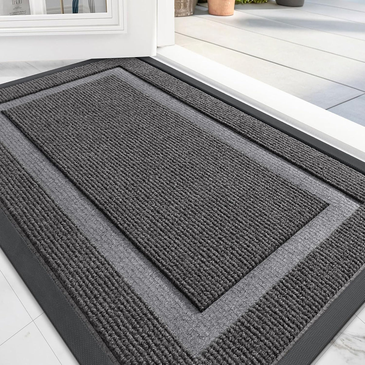 OLANLY Front Door Mat Indoor Outdoor Entrance, Waterproof All-Season, All-Weather Doormat, Sturdy Natural Rubber, Fade Resistant, Low Profile, Easy Clean Patio Porch Entryway Mat, 47x23, Dark Grey