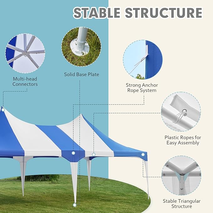 EROMMY 13x26ft Party Tent, White Wedding Heavy Duty Double Peaked Canopy Tent with Pole-Less Event Space, 60 Person Capacity Outdoor Gazebo Pavilion Shelter for Party, Event, White & Blue