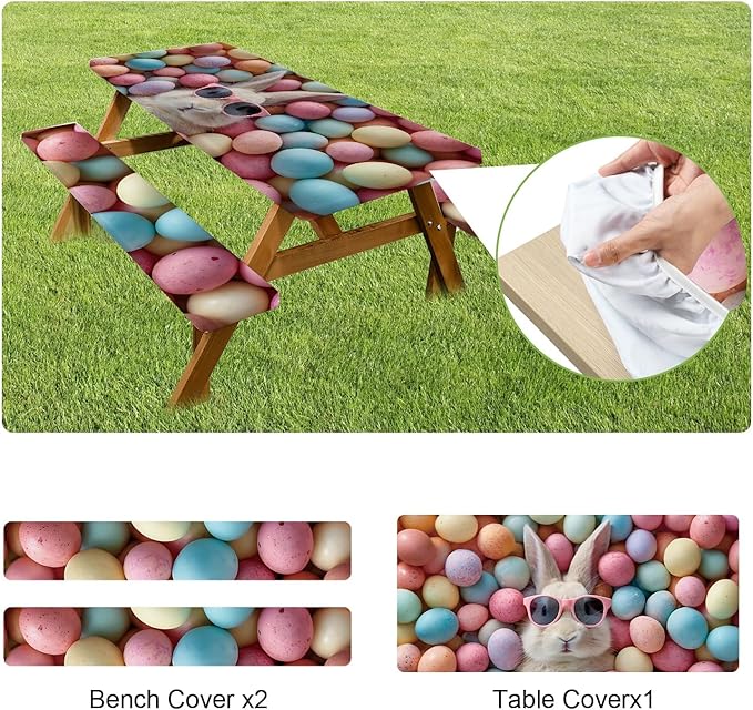 ANNA QUEEN 6FT Cute Easter Bunny Outdoor Picnic Table Cover with Bench Covers Picnic Table Cover Set 3PCS 72"x30", Cute Easter Bunny Outdoor Bench and Tablecloth Furniture Protection
