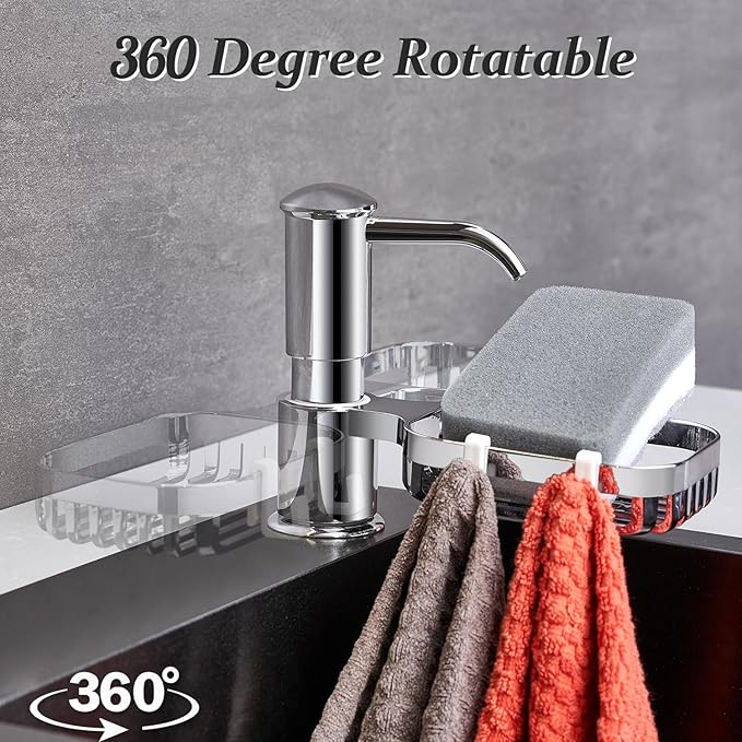Sink Soap Dispenser with Sponge Holder, Built in Soap Dispensers for Kitchen Sink, Countertop Kitchen Sink Soap Dispenser with 39" Extension Tube Kit ABS Plastic, No More Refills, Chrome