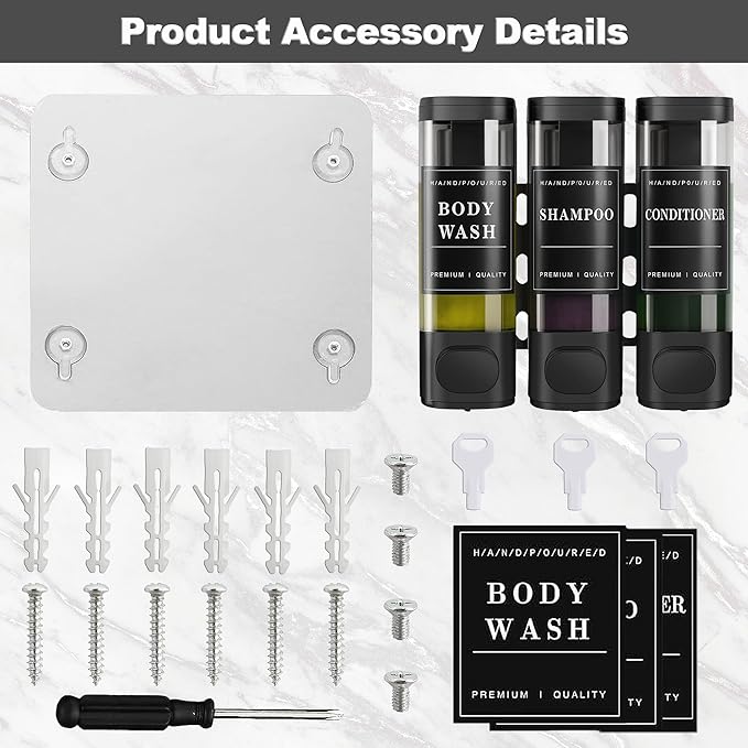 CeeVian Shampoo Dispenser Shower Dispenser 3 Chamrber No Drill Wall Mounted for Shower Shampoo and Conditioner Dispenser for Bathroom, Toilet, Hotel & Kitchen,3 * 300ML (Black)