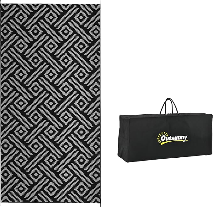 Outsunny Outdoor Rug for Patio, 9' x 18' Waterproof Large Mat, Reversible Plastic Straw Rug for Decor, Portable Outside RV Camping Area Carpet Mat for Backyard Porch Deck Picnic, Black Gray Geometric