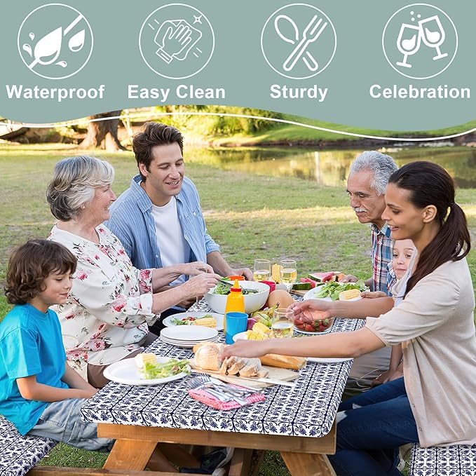 misaya Picnic Table Cover with Bench Cover, Waterproof Elastic Fitted Tablecloth for 6 Foot Tables, Rectangle Washable Polyester Tablecloths for Picnic, Camping, Outdoor (Navy, 30" x 72")