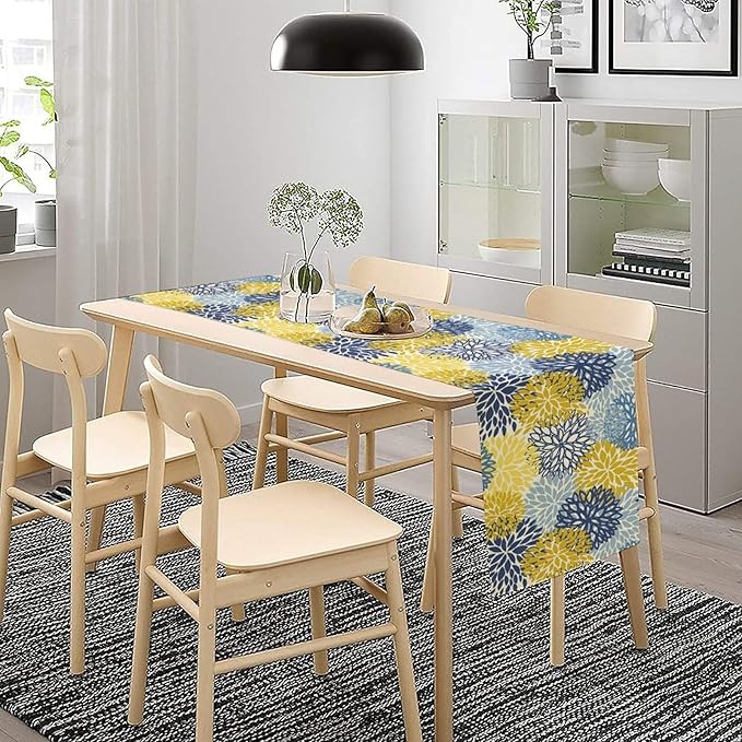 Dahlia Flower Table Runner,Blue Yellow Floral Print Table Runner for Kitchen Dining Table Dinner Holiday Home Party Indoor Outdoor Decor 13x70in