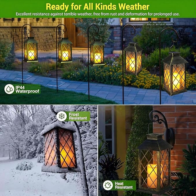 Yowin Solar Lanterns Outdoor Waterproof 2 Pack 14" Large Tempered Glass Hanging Solar Lantern with Flameless Candle, Garden Gifts, Table Lamp for Wall Balcony Patio Vintage Decorations - Bronze