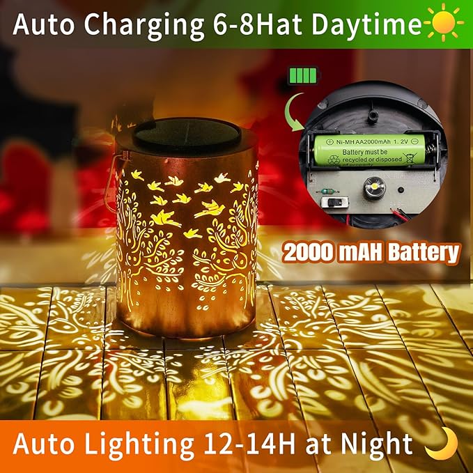Tree of Life Solar Lantern Outdoor Waterproof, Large 13.4" Metal Hanging Decorative Lantern, Enlarged Solar Panel & 2000mAh Battery, Warm Glow for Garden, Patio Decor – Housewarming Gift for Women