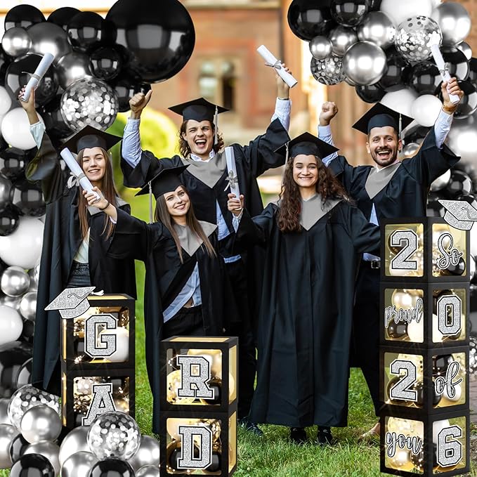 Graduation Decorations Class of 2026,Black and Silver Graduation Decorations 2026,Grad Boxes with Letters 2026 So Proud of You & Grad 2026 for College Graduation Party Supplies