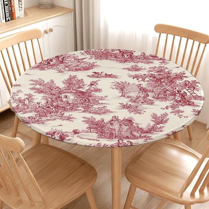 French Country Round Fitted Tablecloth with Elastic Vintage Red Circle Table Cloth for 36-40" Round Tables Wipeable Waterproof Rustic Burgundy Pink Village Table Cover for Dining Patio Picnic Decor